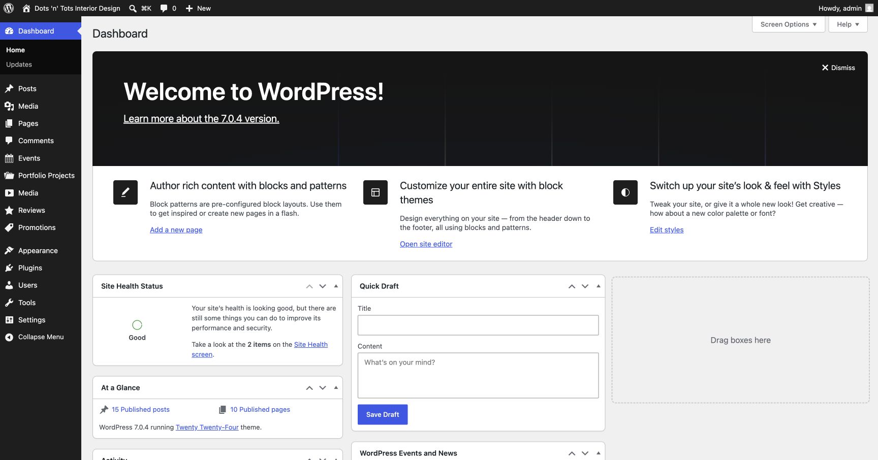 WordPress dashboard showing the Dots N Tots content menus