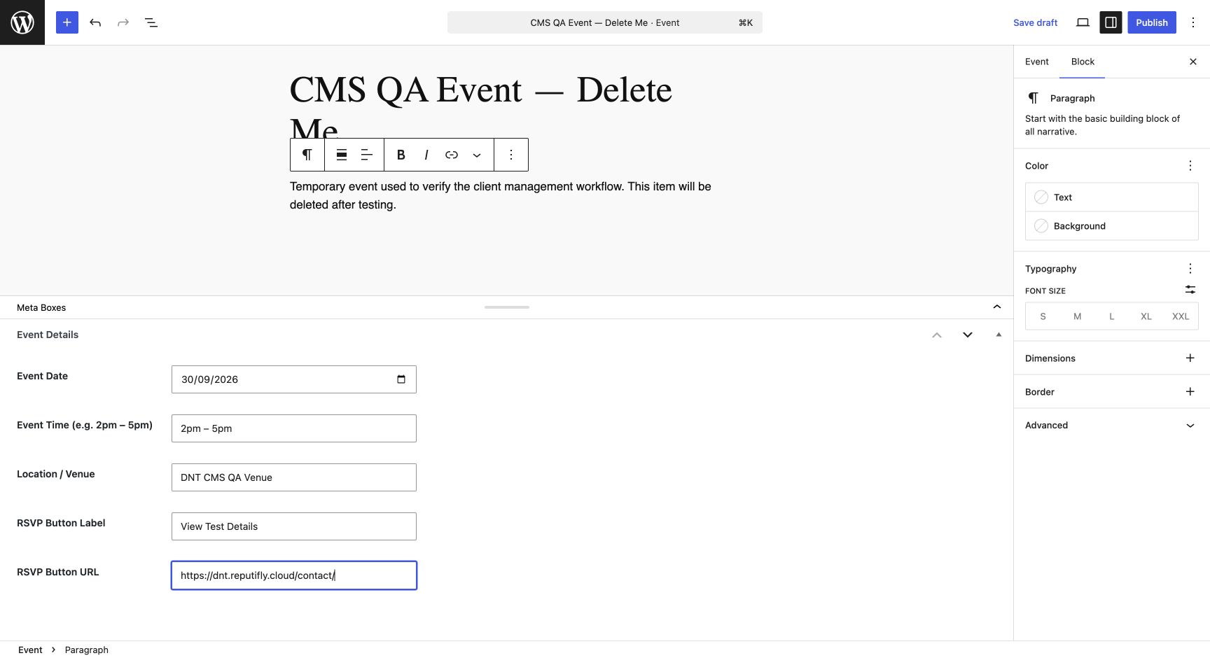 Completed Event Details fields in WordPress