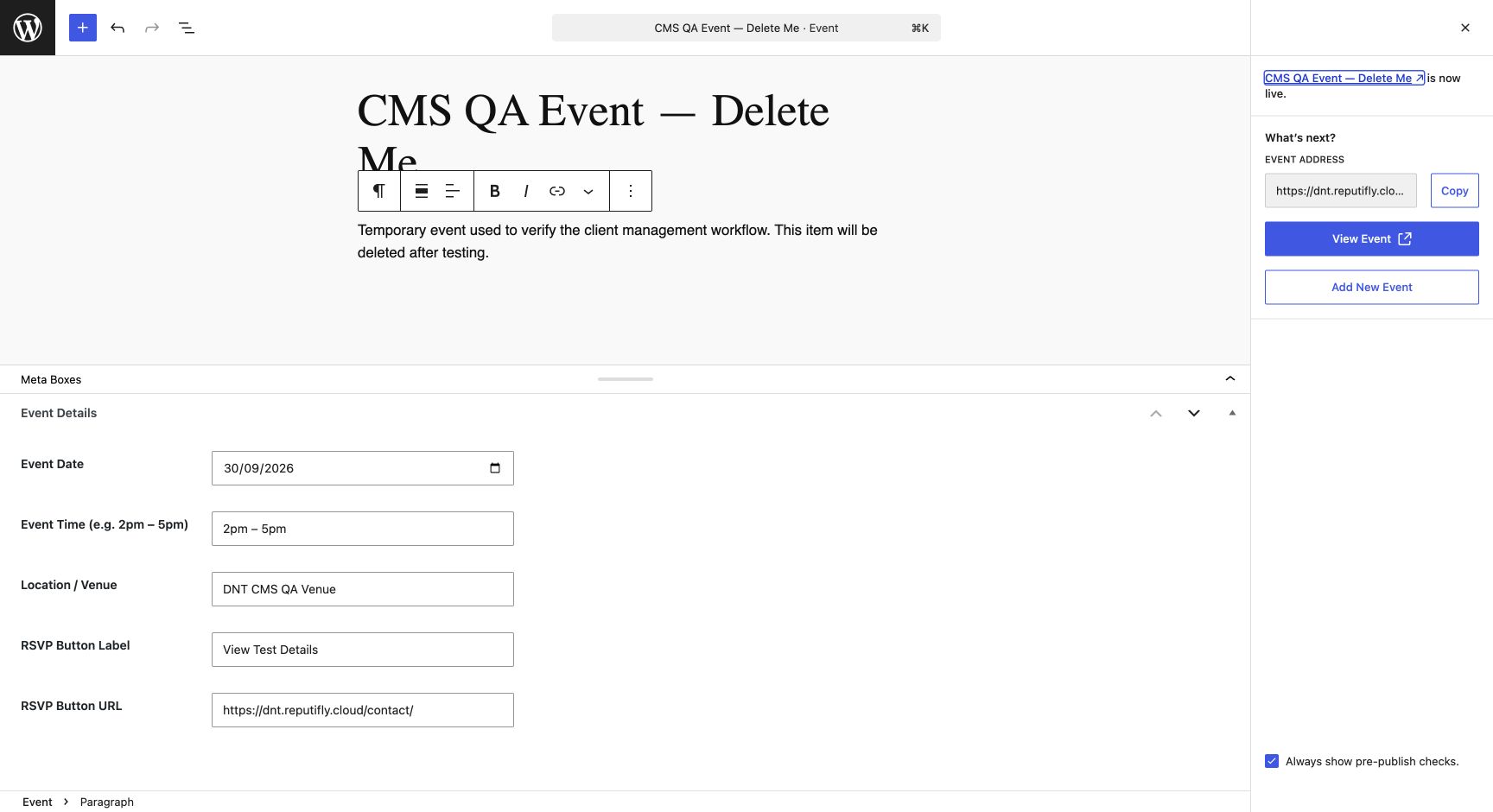 Event published confirmation in WordPress