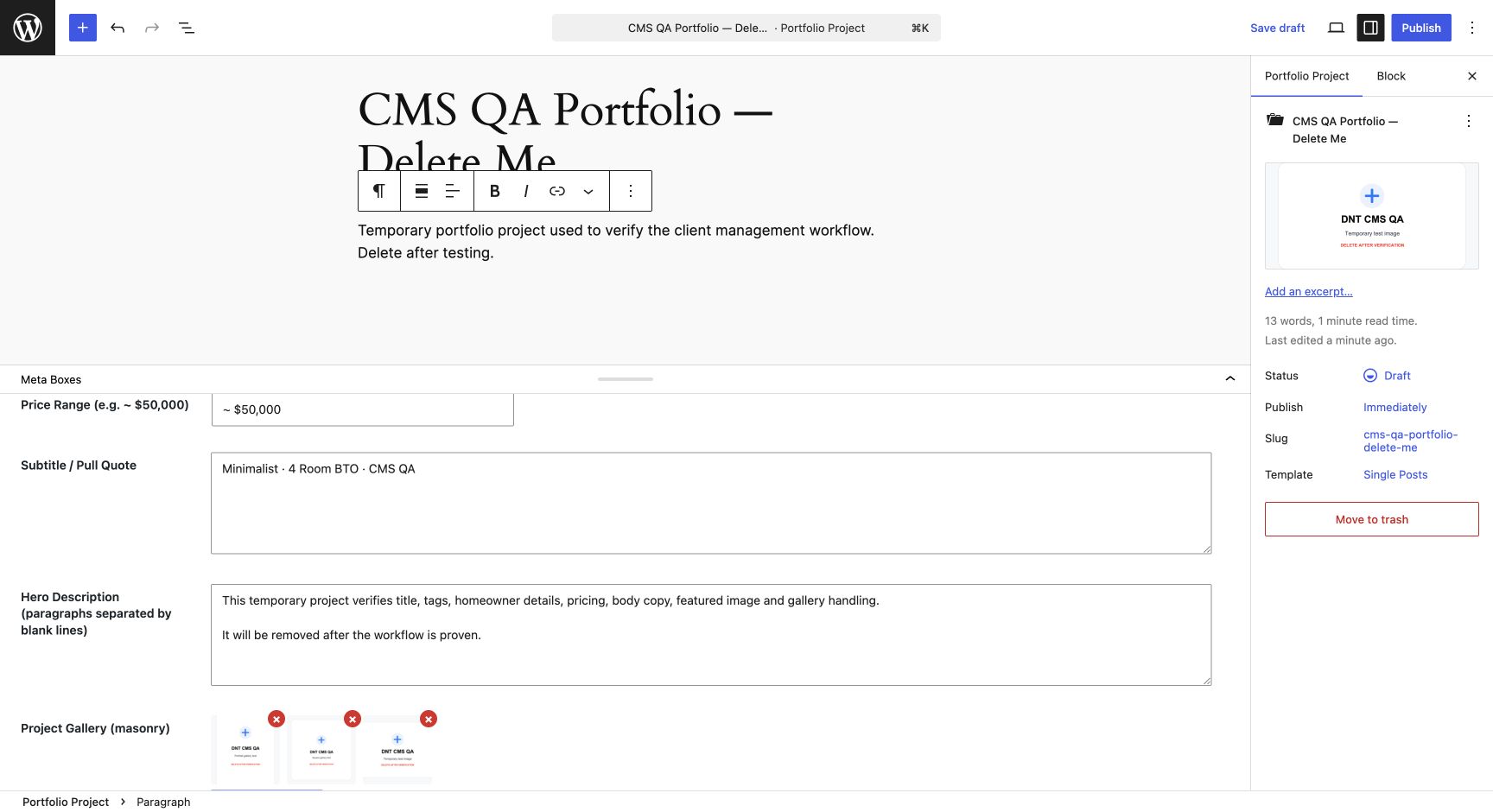 Completed Portfolio fields and ordered project gallery