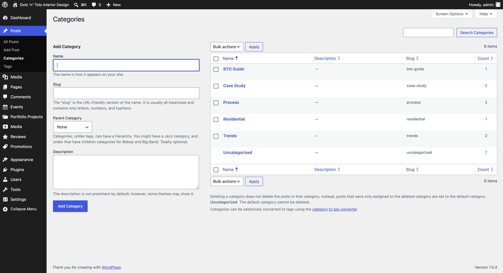 WordPress Blog Categories management screen