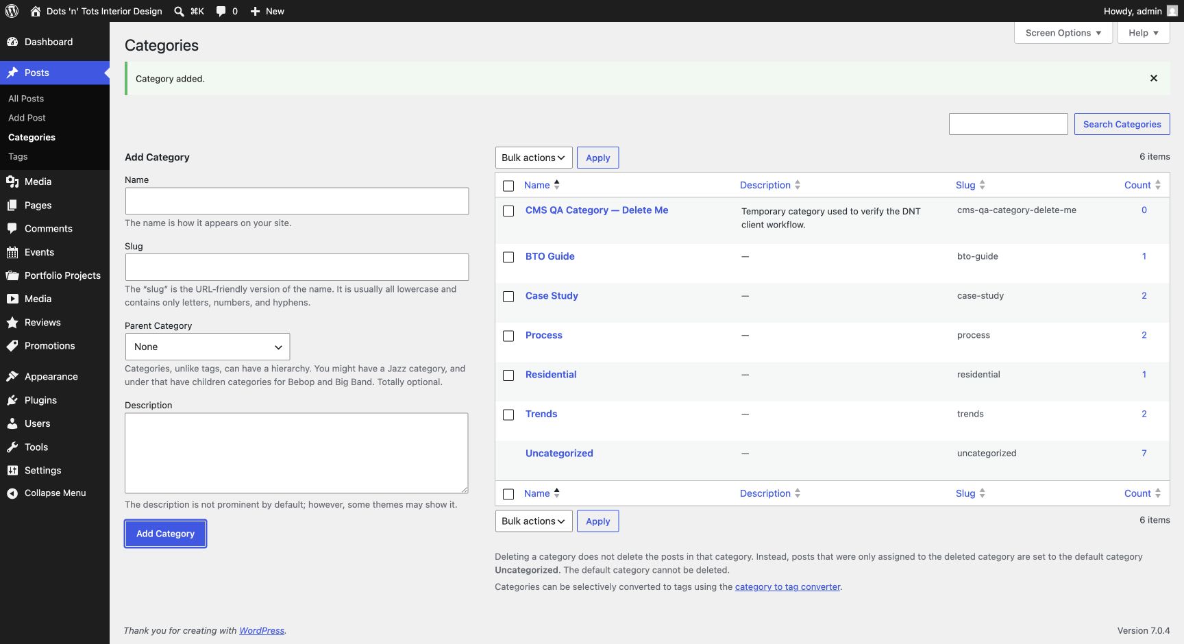 New Blog Category created in WordPress