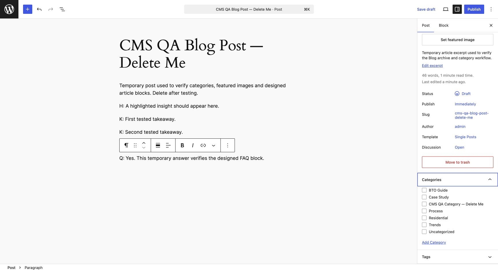 WordPress Blog Post editor with title, content and category controls