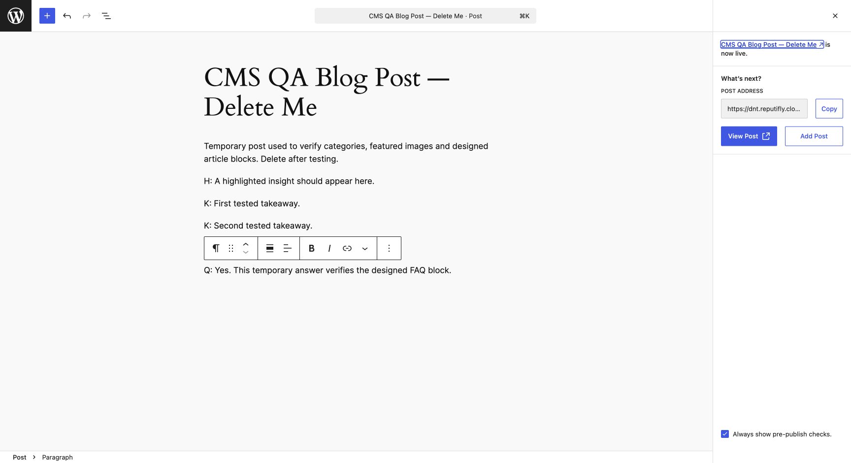 Published Blog Post confirmation in WordPress