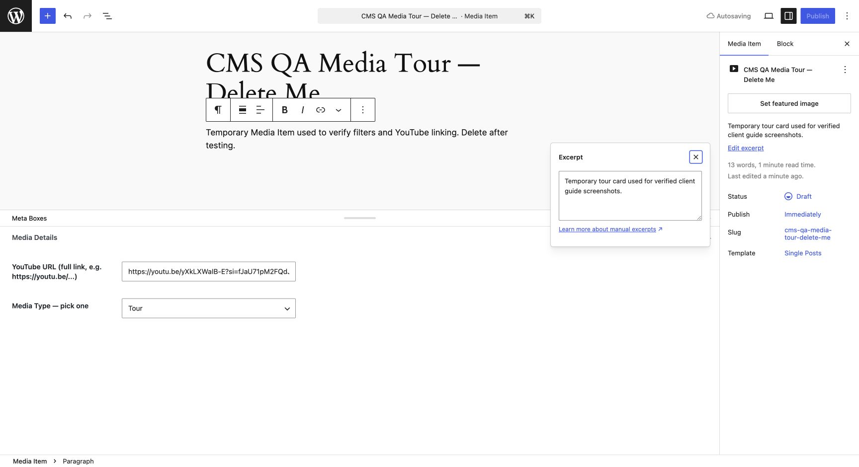 Completed Media Item fields with a YouTube URL and Media Type