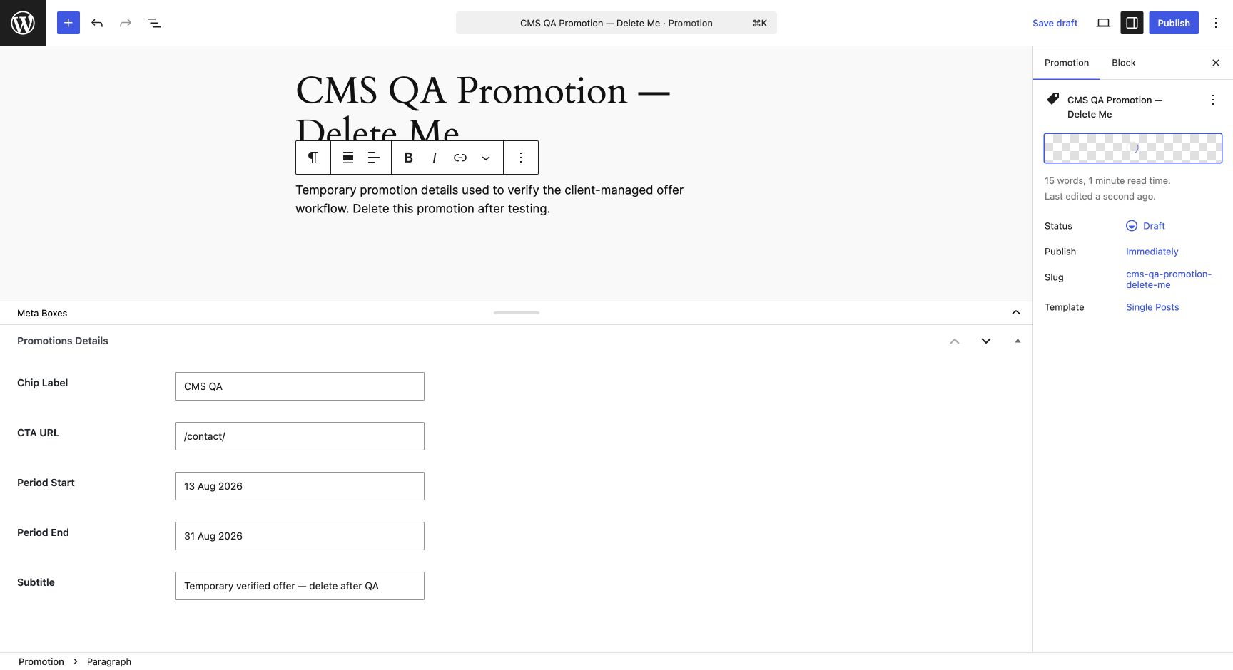 Completed Promotion fields and featured image