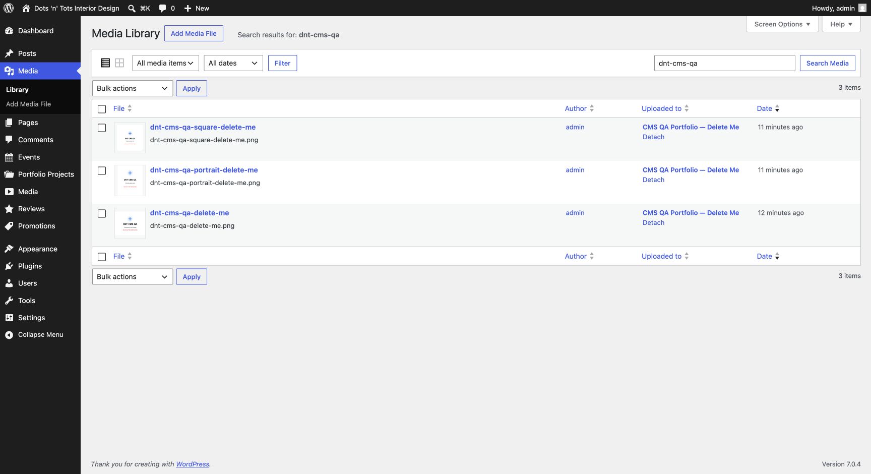 WordPress Media Library showing uploaded website images