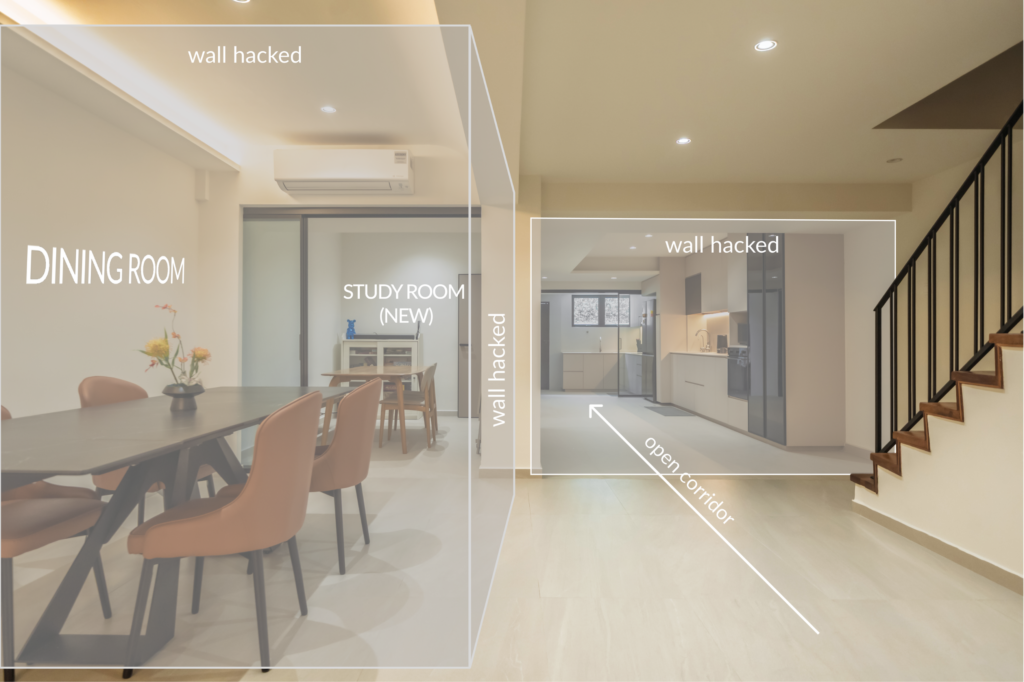 59 Wan Toh Ave dining, study and kitchen layout showing where the wall were before