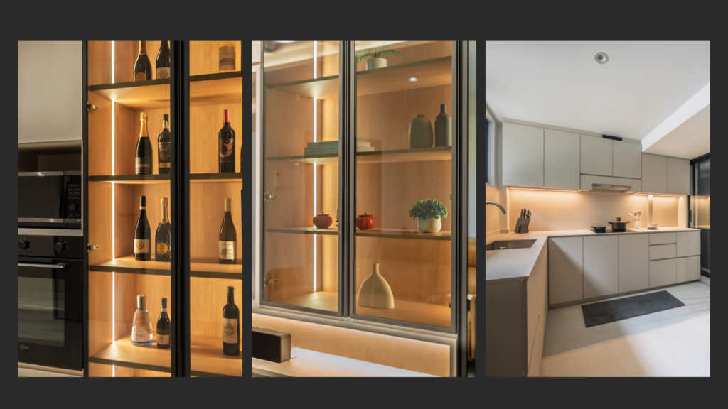 left to right: 1. wine storage (kitchen), 2. open display cabinet (living room) 3. wet kitchen top & bottom carpentry